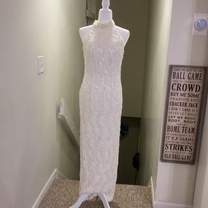 David’s bridal pearl beaded lace halter neck column dress size 12/8 ivory